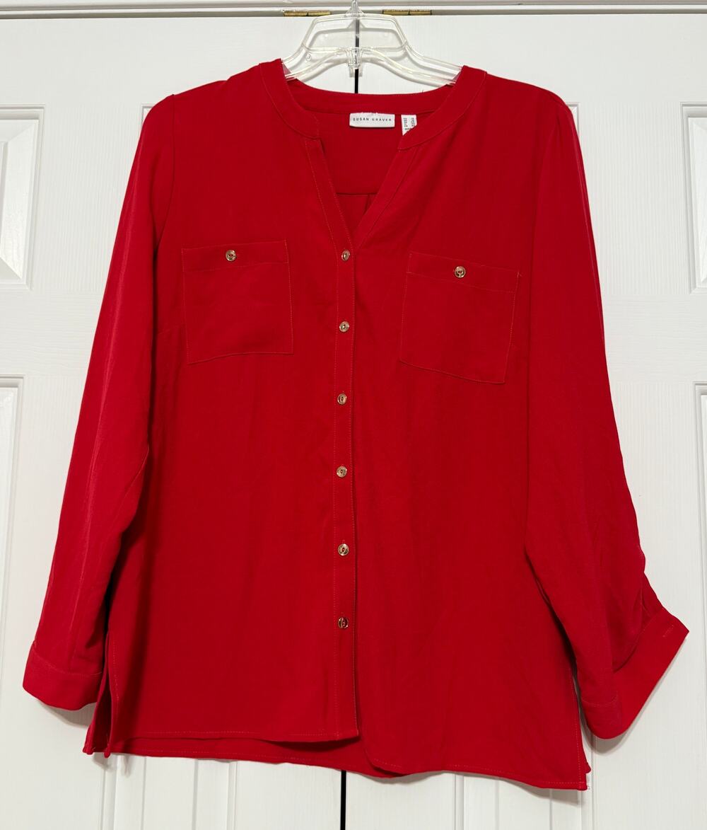 Susan Graver Long Sleeve Button Up Sheer Blouse, Red, Size 14